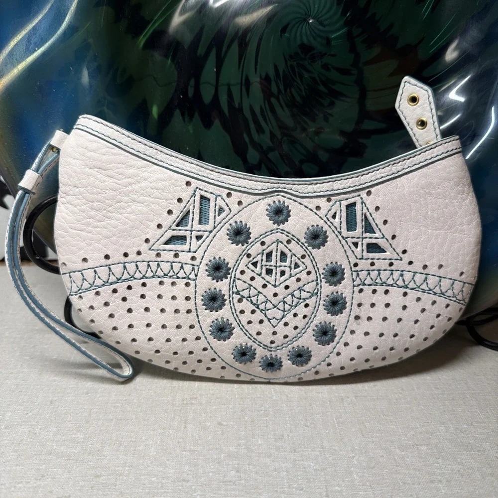 Cole Haan Kayla Cream Leather Wristlet Pouch Boho Perforated Embroidered Y2K